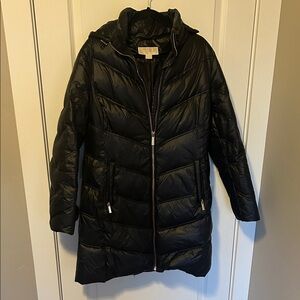 Michael Kors Black Long Chevron Quilted Puffer Coat with Hood